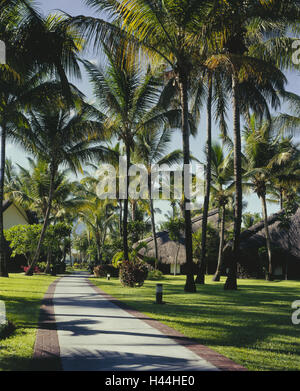 Maskarenen, Insel Mauritius, Westküste, Flic En Flac, Hotelanlage, Bungalows, Palmen, Reiseziel, Urlaub, Tourismus, Ruhe, Erholung, Weg, Wiese, Hotel La Pirogue Stockfoto