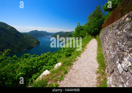 Blick auf die Stadt Lugano, Luganersee und Monte San Salvatore von Monte Bre, Tessin, Schweiz Stockfoto