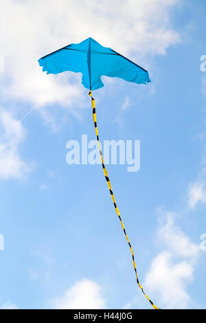 Drachen fliegen gegen den blauen Himmel an einem sonnigen Tag Stockfoto