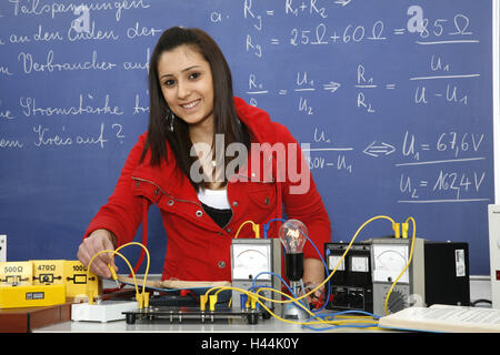 Schule, Physik-Saal, Mädchen, Strom, Versuch, Stockfoto