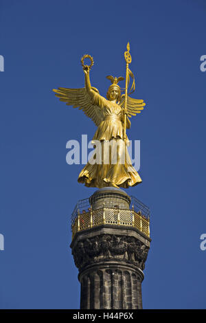 Deutschland, Berlin, Sieg Säule, Detail, Göttin Sieg Victoria, Europa, Kapital, Säule, St. Kunst historisch, Figur, Statue, Engel, Göttin, golden, geflügelt, "Goldelse" Symbol triumphierend, Sieg, Kunst, Skulptur, Ort von Interesse, Himmel, Teil Stadt Stockfoto