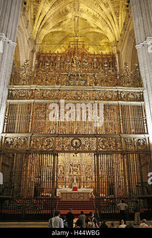 Spanien, Andalusien, Sevilla, Dom, hohe Altar, Europa, Kirche, Kirche, innen, St. Altar, Altar, Golden, Erhaltung Denkmäler und historische Gebäude, wichtigste Band, St. Kunst, Reichtum, Formen, Fülle Formen, Person, Gläubige, Ort von Interesse, Stockfoto