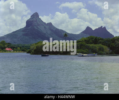 Maskarenen, Insel Mauritius, Westküste, Tamarin Bay, Montagne du Rempart, Reiseziel, Ozean, Meer, Stiefel, Landschaft, Berge, Himmel, Wolken, Stockfoto