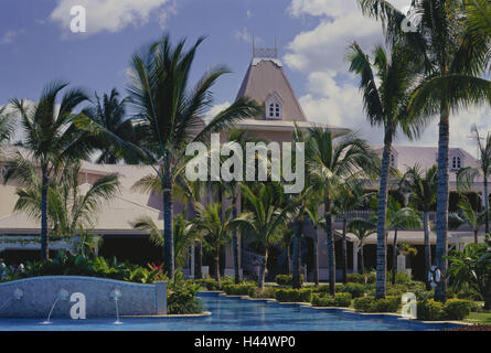 Insel Mauritius, Maskarenen, Westküste, Flic En Flac, Hotelanlage Sugar Beach, Reiseziel, Hotel, Gebäude, Hotelgebäude, Pool, Hotel-Pool, Swimming Pool, Palmen, Tourismus, Stockfoto