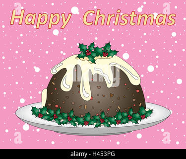 ein Beispiel für eine stilisierte Christmas Pudding mit Holly Dekoration auf einem verschneiten rosa Hintergrund Stockfoto