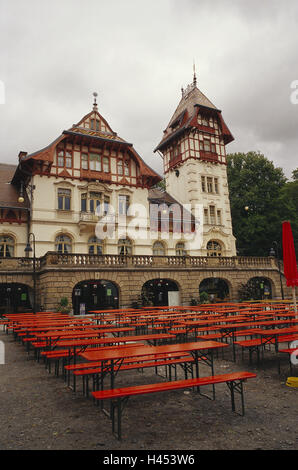 Deutschland, Bayern, Gericht, im Saal, Park, Restaurant, Theresienstein, Bierbänken, Biertische, obere Franconias, wirtschaftliche Gebäude, Haus, Stadtpark, zivile Park, Gebäude, Sommer Restaurant, 1902-1903, Gastronomie, Kunst, Architektur, historisch, Biergarten, Gast Garten, Bier Garten Garnituren, schlechtes Wetter, Regen, keiner, menschenleer, Ort von Interesse, außerhalb, Stockfoto