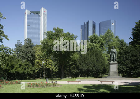 Deutschland, Hessen, Frankfurt am Main, bank, Hochhäuser, Park, Denkmal, Stadt, Stadt, Metropole, Finanzmetropole, Architektur, Häuser, Gebäude, Hochhäuser, Büro-Hochhäuser, Bürogebäude, Banken, außerhalb, urban, Urban, Parks, Kultur, Stockfoto