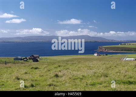 Großbritannien, Schottland, Orkneyinseln, Insel South Ronaldsay, Landschaft, Küste, Häuser, Orkney, Küstenlandschaft, Wiesen, Breite, Abstand, Ansicht, Meer, Himmel, Wolken, sonnig, Wohn-Häuser, aus der Ferne Isolate, menschenleer, Stockfoto