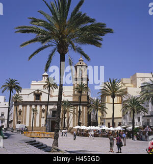 Spanien, Andalusien, Cadiz, Plaza De La Catedral, Iglesia de Santiago, Palmen, Europa, Stadt, Ziel, Ort von Interesse, Raum, Kirche, Kathedrale, Kirche, Heilige Bau, glauben, Religion, Christentum, Architektur, Gebäude, außen, Menschen, Touristen, Straßencafés, Stockfoto