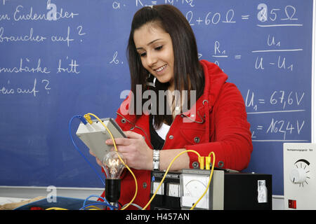 Schule, Physik-Saal, Mädchen, Strom, Versuch, Stockfoto