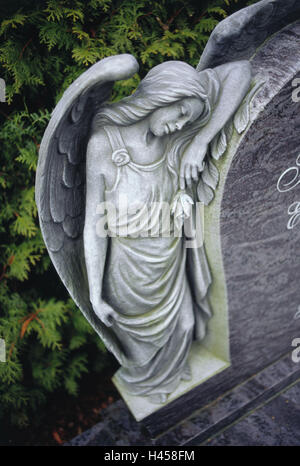 Friedhof, Statue, Engel, Grabstein, Grab, Nahaufnahme, Symbol, Trauer, Tod, Verlust, Abschied, Stein, Steinfigur, grau, Statue, Figur, Grab Figur, Engelsstatue, Stockfoto