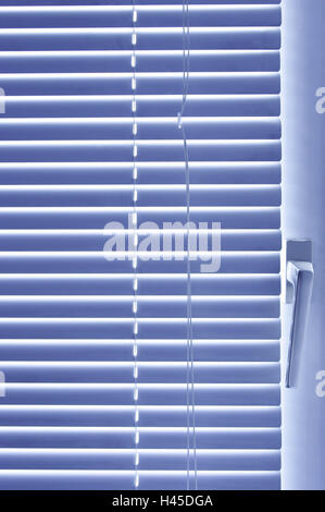 Windows, versiegelt, Jalousie, mittlere Nahaufnahme, Detail, Griff, Fenster-Griff, verdunkelt, verdunkelt, Zimmer, Zimmer, innen dunkel, Abwesenheit, Anonymität, geschlossen, zu verbergen, Filme, gefangen, Kabel, Kabel, Tageszeit, Monochrom, blau, Detail, Stockfoto