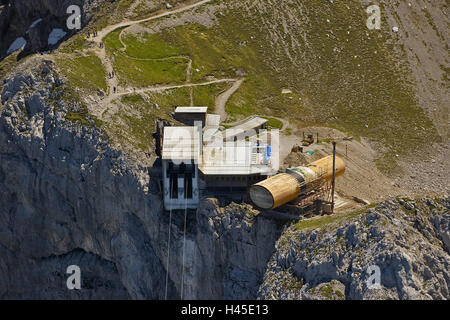 Deutschland, Bayern, Karwendel, Bergstation, Natur-Informationszentrum "Teleskop", Süddeutschland, Oberbayern, Mittenwald, Berg, Berge, Alpen, Berglandschaft, Wege, Wanderwege, Wanderer, Architektur, Bergbahnen, Seilbahn, "gigantischen Teles Stockfoto