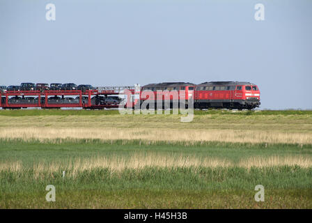 Deutschland, Schleswig-Holstein, Insel Sylt, Hindenburgdamm, Auto-tragenden Zug, Stockfoto