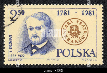 Eine Briefmarke gedruckt in Polen zeigt Porträt von Stanislav Kozmyan, polnischer Schriftsteller, Theaterregisseur, ca. 1981 Stockfoto