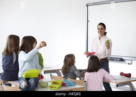 Kinder, Schule, Urlaub, Essen, zusammen, Stockfoto