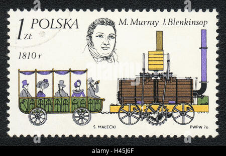 Eine Briefmarke gedruckt in Polen zeigt Dampf Lok 1810 durch John Blenkinsop und Matthew Murray, 1976 Stockfoto