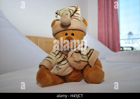 Teddybär, Bett, frontal, sitzen, Schlafzimmer, Stockfoto