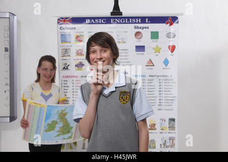 Schüler, Plakat, Unterricht Englisch, stehen, Stockfoto