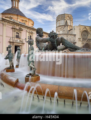 Spanien, Valencia, Plaza De La Virgen, Turia-Brunnen, Basílica De La Virgen de Los Desamparados, Catedral de Santa María de Valencia, Stockfoto