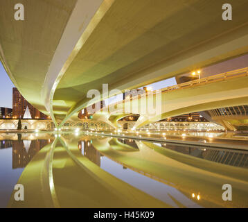 Spanien, Valencia, Ciudad de Las Artes y de Las Ciencias, Brücke, Wasser Stockfoto