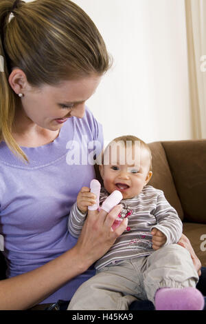 Mutter, Baby, Zähne putzen, lachen, Stockfoto