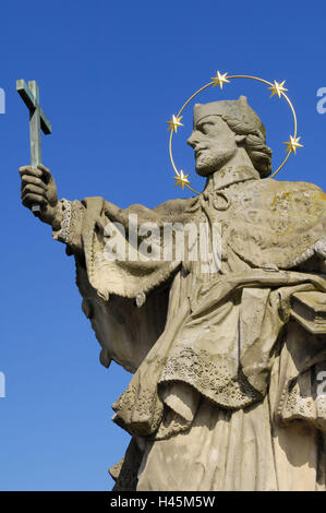 Deutschland, Bayern, Unterfranken, Würzburg, alte Mainbrücke, Sankt Nepomuk, Detail, draußen, Christentum, Abbildung des Saint, Abbildung, Sankt, St. Kunst, Statue, Kultur, Ort von Interesse, Skulptur, Stadt, Stockfoto