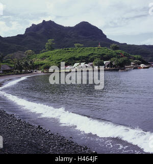 Französisch-Polynesien, Nuku Hiva, Baia Tu Taiohae, Küste, Küste platzieren, Häuser, Gebäude, Strand, Berge, Destination, Tourismus, Stockfoto