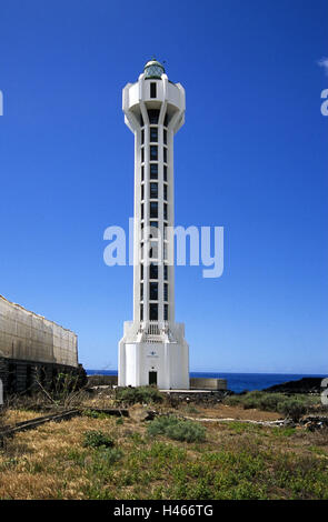 Spanien, die Kanaren Insel La Palma, La Bombilla, Leuchtturm, Bananenplantage, Turm, Architektur, Meer Figur, Leuchtfeuer, Navigation, Navigation, Orientierung, Orientierung, Navigation, Navigationshilfe, Himmel, blau, wolkenlos, das Mittelmeer, Stockfoto