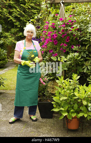 Senior, Schürze, Handschuhe, Topfpflanzen, Blumen, halten, Garten