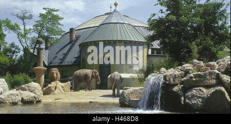 Deutschland, Bayern, München, Hellabrunn Zoo, Elefantenhaus, Gehäuse, Elefanten, Süddeutschland, Oberbayern, Zoo, Attraktion, Gebäude, Haus, Architektur, historische, Tiere, Zoo, Gefangenschaft, Felsen, Wasser, Wasserfall, außen, sonnig, einsamen, Stockfoto