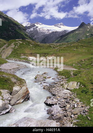 Österreich, Osttirol, Nationalpark Hohe Tauern, Virgental, Gebirgsbach, Venedigergruppe, Tirol, Alp Zimmer, Hochgebirges, Region, Nationalpark, Landschaft, Berge, Tal, Bergtal, Dorfertal, Bergbach, Reiseziel, Reisen, Bereich, Ausflug, Ziel, Wandern, in der Regel Berge, Großvendiger, Snowy, Rest, Stille, Natur, Jahreszeit, Sommer, Sonne, Himmel, blau, Wolken, niemand, Stockfoto