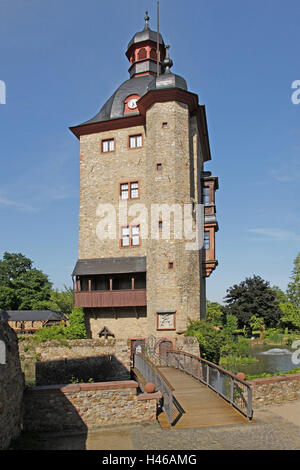 Deutschland, Hessen, Rheingau, Schloss voller Radian, Wohnturm, Rheingebiet hessischen, Weinbau, Weinberg, Weinbau, Weinbaugebiet, Gebäude, Turm, Brücke, Wasser, Stockfoto