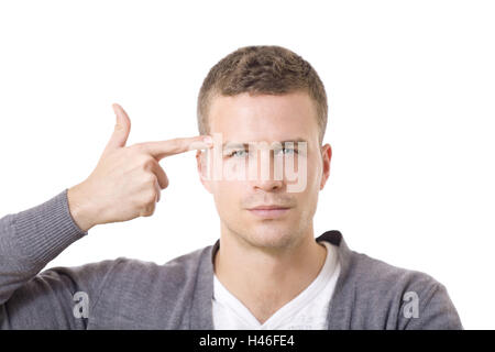 Mann, Geste, Schuss in den Kopf, Porträt, Stockfoto