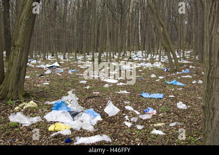 Müll verstreut im Wald, Umweltverschmutzung, Stockfoto