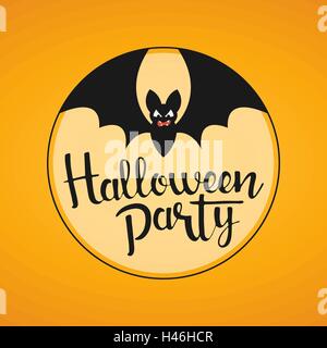 Halloween-Party handschriftlich Schriftzug. Moderne Vektor Kalligraphie mit niedlichen Schläger auf gelbem Hintergrund für Ihr design Stock Vektor