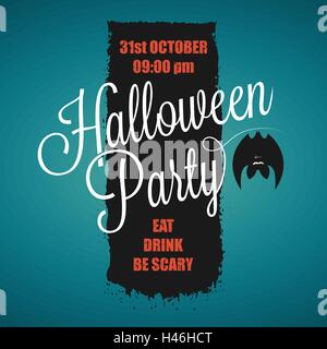 Halloween-Party-Plakat-Design-Vorlage mit lustig hängenden Fledermaus, Schlaganfall Pinselstruktur und Platz für Ihren text Stock Vektor