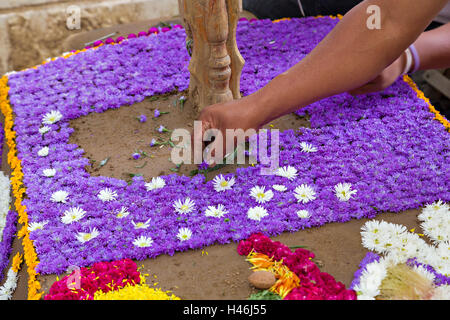 Menschen dekoriert ein Graves mit aufwendigen floralen Pedal Wandteppiche zu Ehren des Verstorbenen auf dem Friedhof San Antonino Castillo im Laufe des Tages von den Dead Festival bekannt als D'a de Muertos am 3. November 2013 in San Antonino Castillo Velasco, Oaxaca, Mexiko. Stockfoto