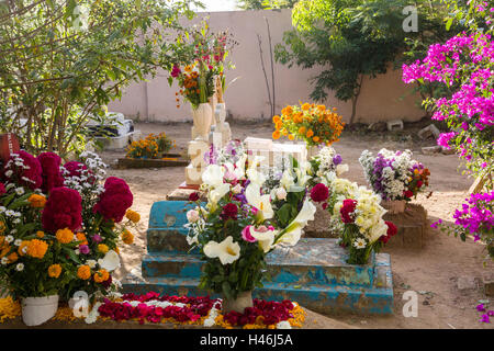 Gräber geschmückt mit aufwendigen floralen Pedal Wandteppiche zu Ehren des Verstorbenen auf dem Friedhof San Antonino Castillo im Laufe des Tages von den Dead Festival bekannt als D'a de Muertos am 3. November 2013 in San Antonino Castillo Velasco, Oaxaca, Mexiko. Stockfoto