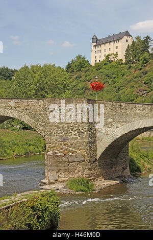 Deutschland, Hessen, Runkel Lahn, Burg Schadeck, Lahn, Brücke, Burg, Höhe Burg, außen, Schadeck, Schloss Trutz, Fluss, Sonnenschein, Runkel, Stockfoto