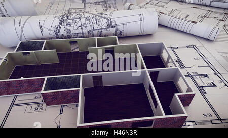 3D-Rendering des Architekten am Arbeitsplatz. Architekturprojekt, Baupläne, Bauplan Rollen auf Pläne. Stockfoto