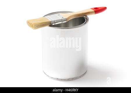 Offenen leer aus Metall kann für Farbe mit einem Pinsel drauf isoliert auf weißem Hintergrund. Stockfoto