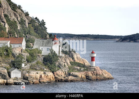 Norwegen, Kristiansand, Meer, Leuchtturm, Islands, Versand, Nordsee, Wasser, Schären, Fjord, Gebäude, Haus, Orientierung, im Freien, keine Menschen, Leuchtfeuer, Gewässer, Stockfoto