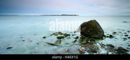 Findling und alte Seil an der Küste, Rügen, Deutschland Stockfoto