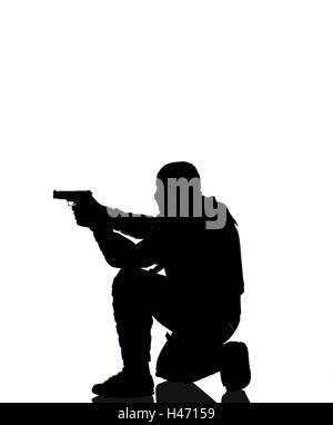 Polizist, Schutzkleidung, Schießen üben, Ziel, Silhouette, Polizei, Beruf, Mann, Beamte, Polizisten, Uniform, schützende Kleidung, Schutz, Maske, Schutzmaske, Pistole, SEK, MEK, GSG9, spezielle Task Force, Spezialeinheit, Waffe, Waffe, Pistole, Terrorismusbekämpfung, Knien, Vorschau, Stockfoto