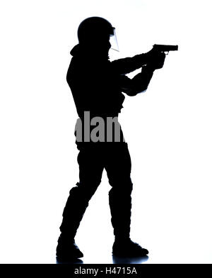 Polizist, Schutzkleidung, Ständer, Gewehrschießen, Praxis, Aim, Shoot Silhouette, Polizei, Beruf, Mann, offizielle, Polizist, einheitliche, Schutzbekleidung, Schutz, Maske, Schutzmaske, Helm, SEK, MEK, GSG9, spezielle Task Force, Spezialeinheit, Hände, Waffe, Waffe, Terrorismusbekämpfung, Vorschau, Stockfoto
