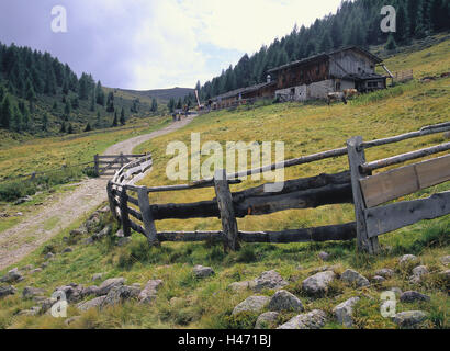 Italien, Südtirol, Sarntal, Alp, Alpine Rasen, Tal, Wiese, Alm, Alm, alpine Hütte, Hütte, Tourist, Person, Urlaub, Spaziergang, Ruhe, Pause, Kühe, Tiere, Zaun, Abgrenzung, Weg, Wanderweg, Flagge, Stockfoto