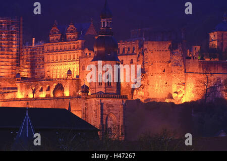 Heidelberger Schloss in der Dämmerung, dem Neckar, Baden-Württemberg, Deutschland Stockfoto