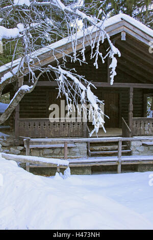 Holz Haus, winter, Wald, Rand Skandinavien, Hütte, Holzhütte, Almhütte, Blockhütte, Chalet, Terrasse, Dach, Treppen, Brücke, Balken, Dach, Giebel, Giebel, Schnee, Schnee, Schnee Kappen, Berg Schnee bedeckten, Holz, Holz, Winter Holz, Saison, Winter, Projektierung Stockfoto