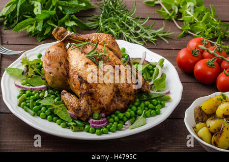 Gegrilltes Bio Bio Huhn, Bratkartoffeln, mit Frühling Gemüse und Kräutern, mit Bier Stockfoto